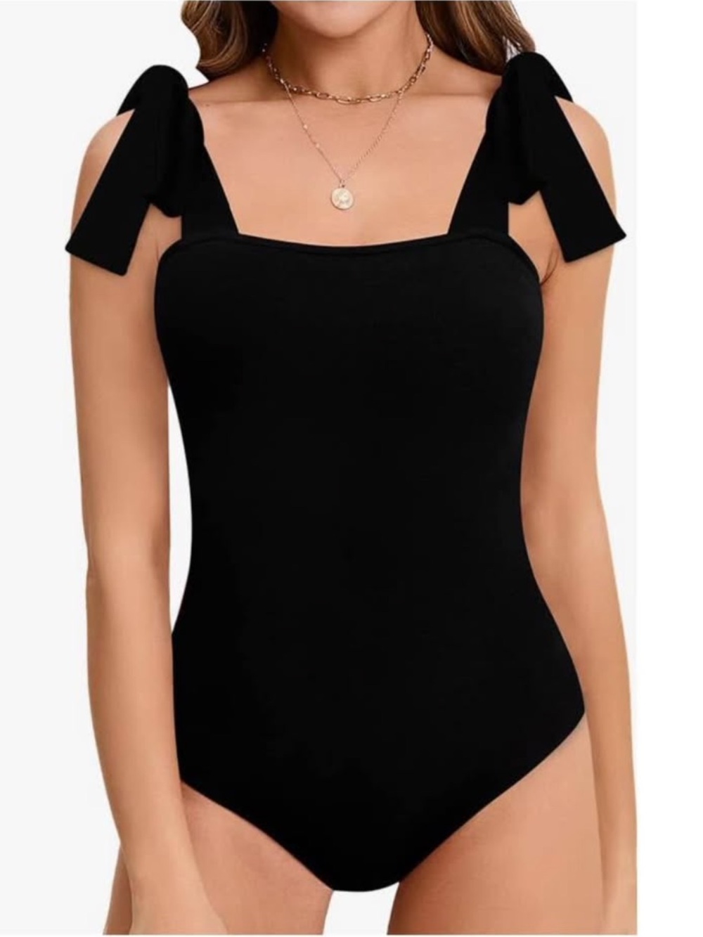 Black Tie-Shoulder Bodysuit for Women